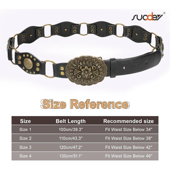 Women\'s Vintage Cowgirl Rivets Belt Western Leather Belts A-Black Style Dress